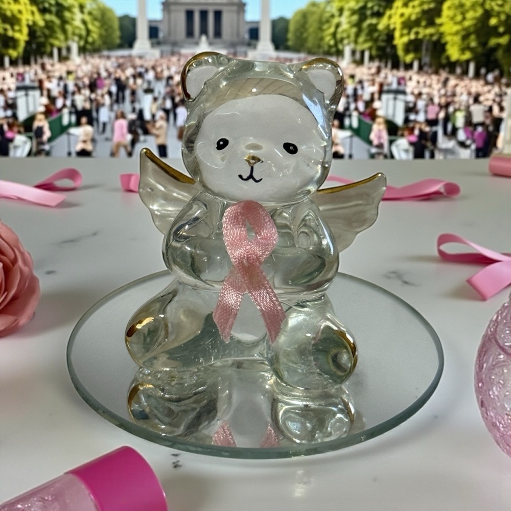 Cancer Awareness Glass Bear Figurine w/ Pink Ribbon & Gold Accents-Angel Wings